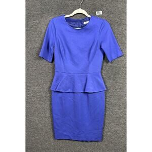 Trina Turk Sheath Dress Womens Medium Blue Peplum Knit Knee Length Half Sleeve